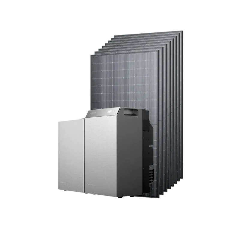 EcoFlow STREAM 5000 avec une batterie d’extension et huit panneaux solaires rigides de 500 W