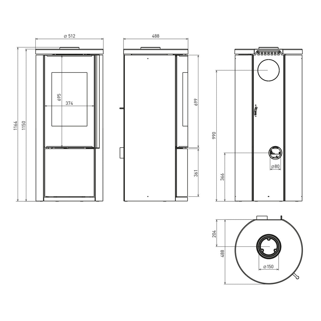 Schéma dimensionnel du poêle Schmitzker Fisterra Cristal
