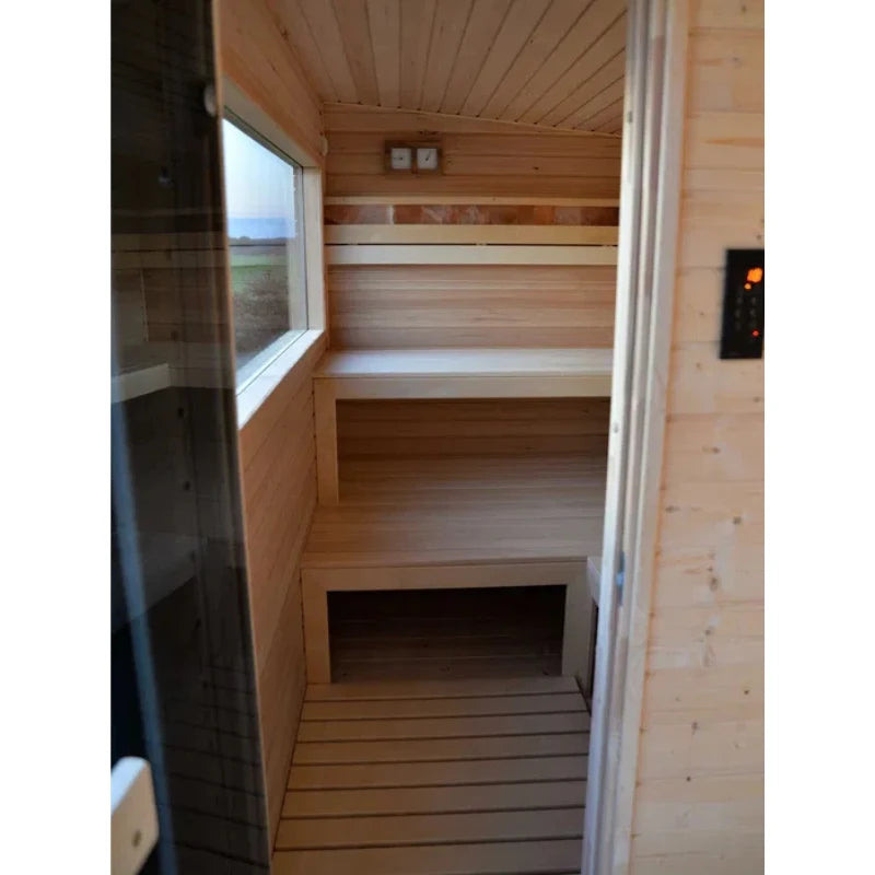 Sauna extérieur Korax avec terrasse vitrée