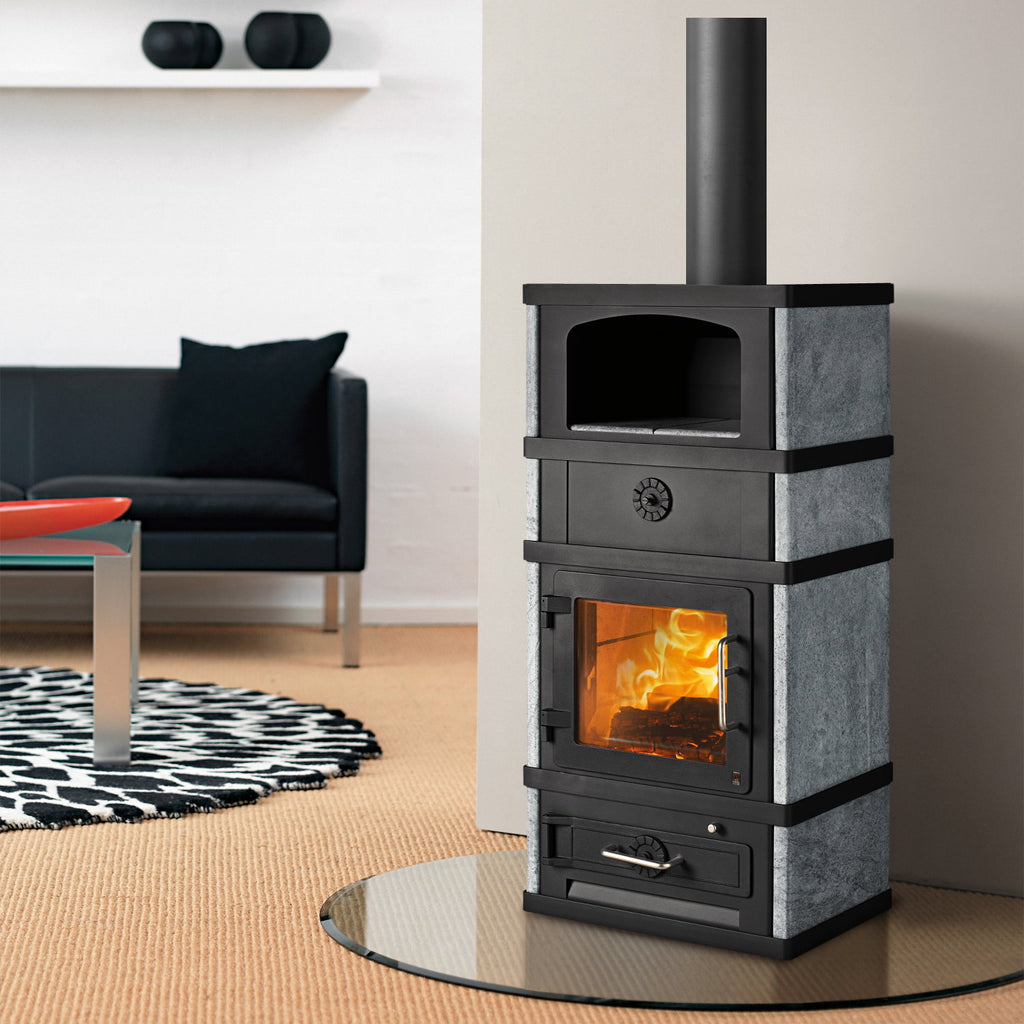 Lotus 2080 – Poêle à bois noir 8 kW avec compartiment de maintien au chaud