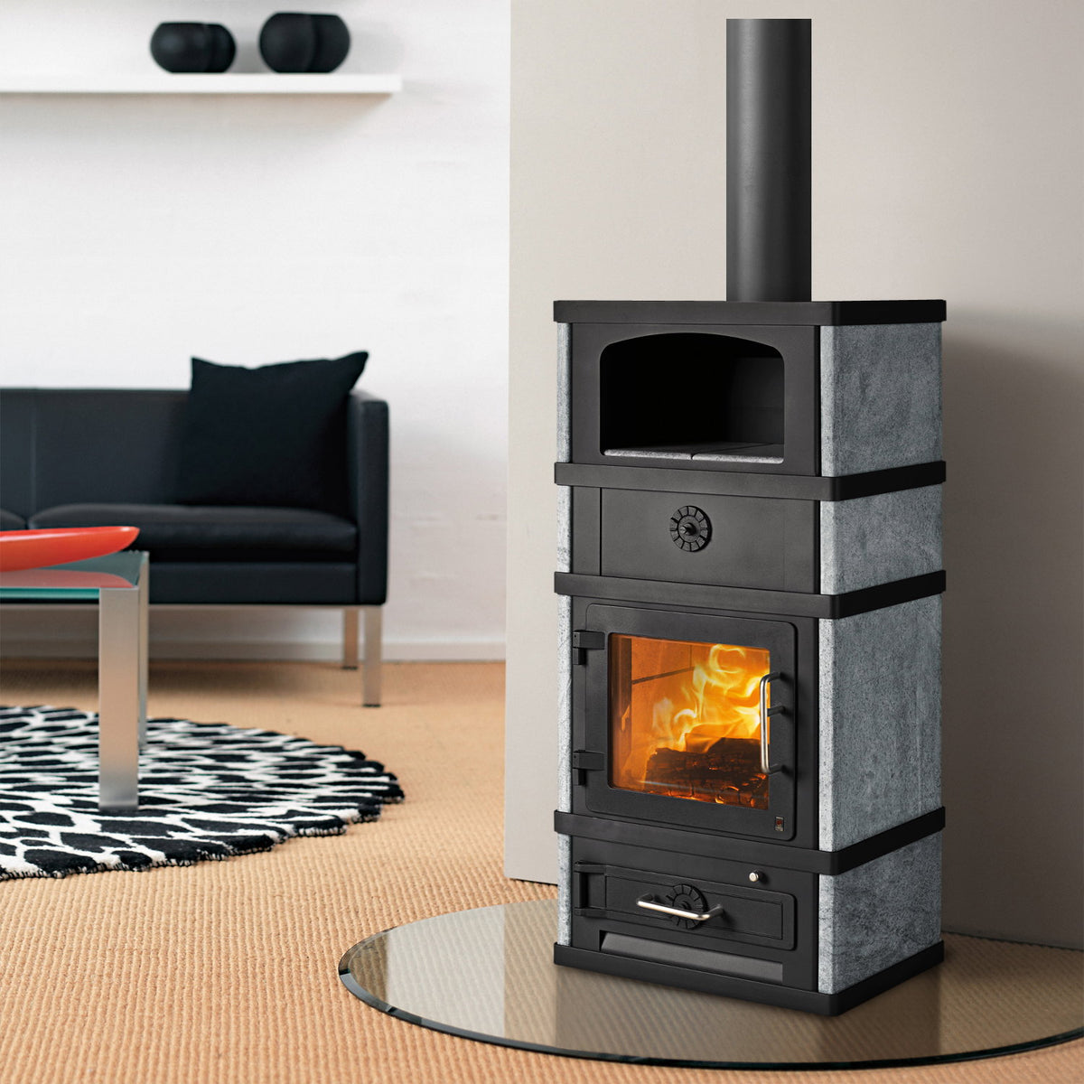 Lotus 2080 – Poêle à bois noir 8 kW avec compartiment de maintien au chaud