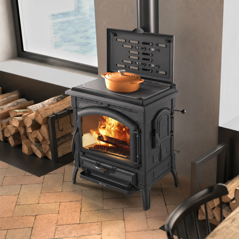 Poêle à bois La Nordica Isotta con cerchi 9,3 kW avec chauffe-plat