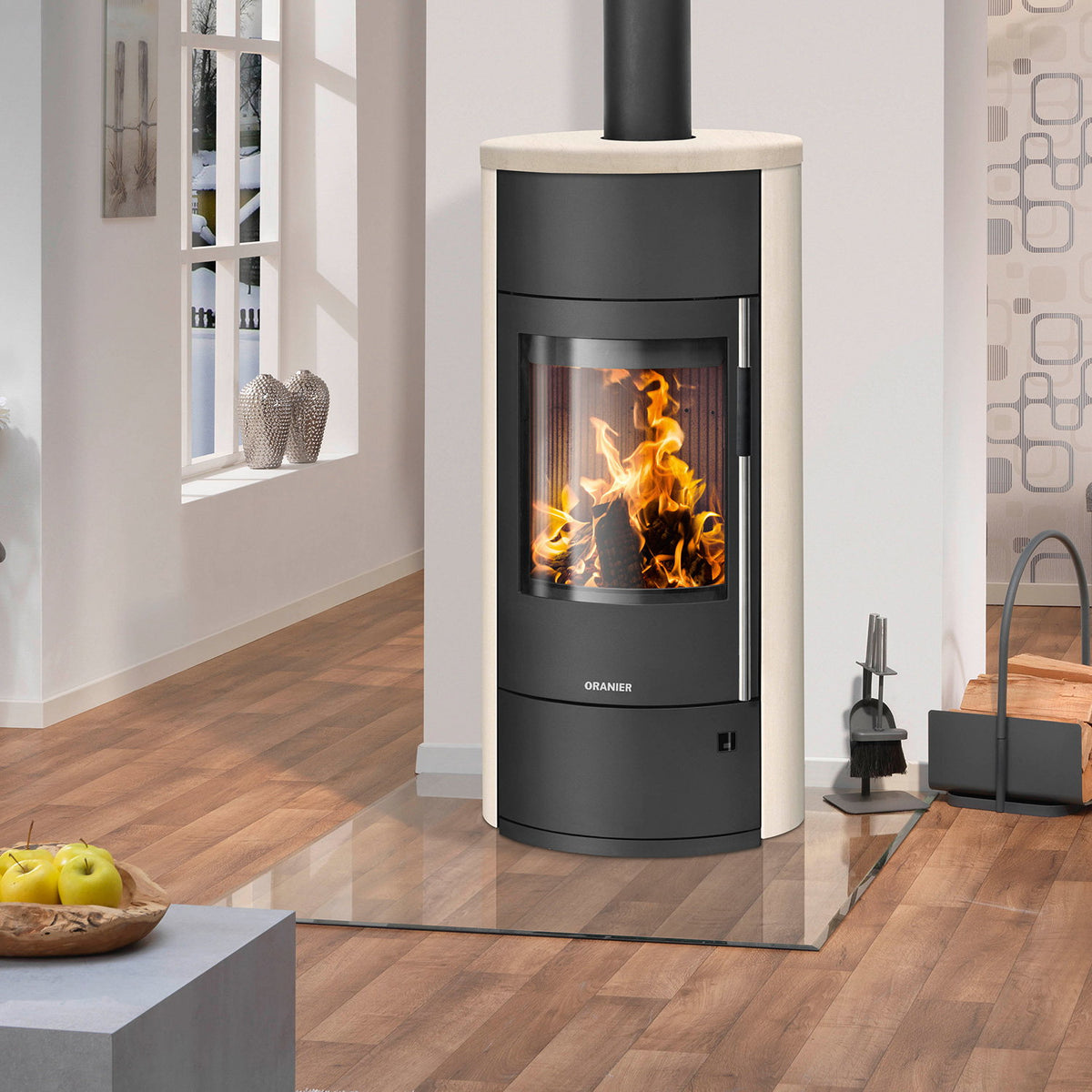 Oranier Polar Neo Vantage W+ – Poêle à bois acier noir et pierre calcaire crème 6,5 kW