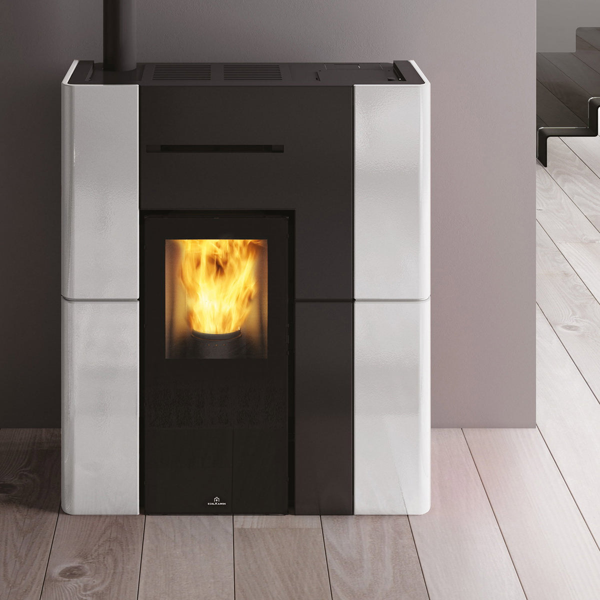 Poêle à granulés hydro Edilkamin Blade H 15 Evo avec céramique blanche en intérieur