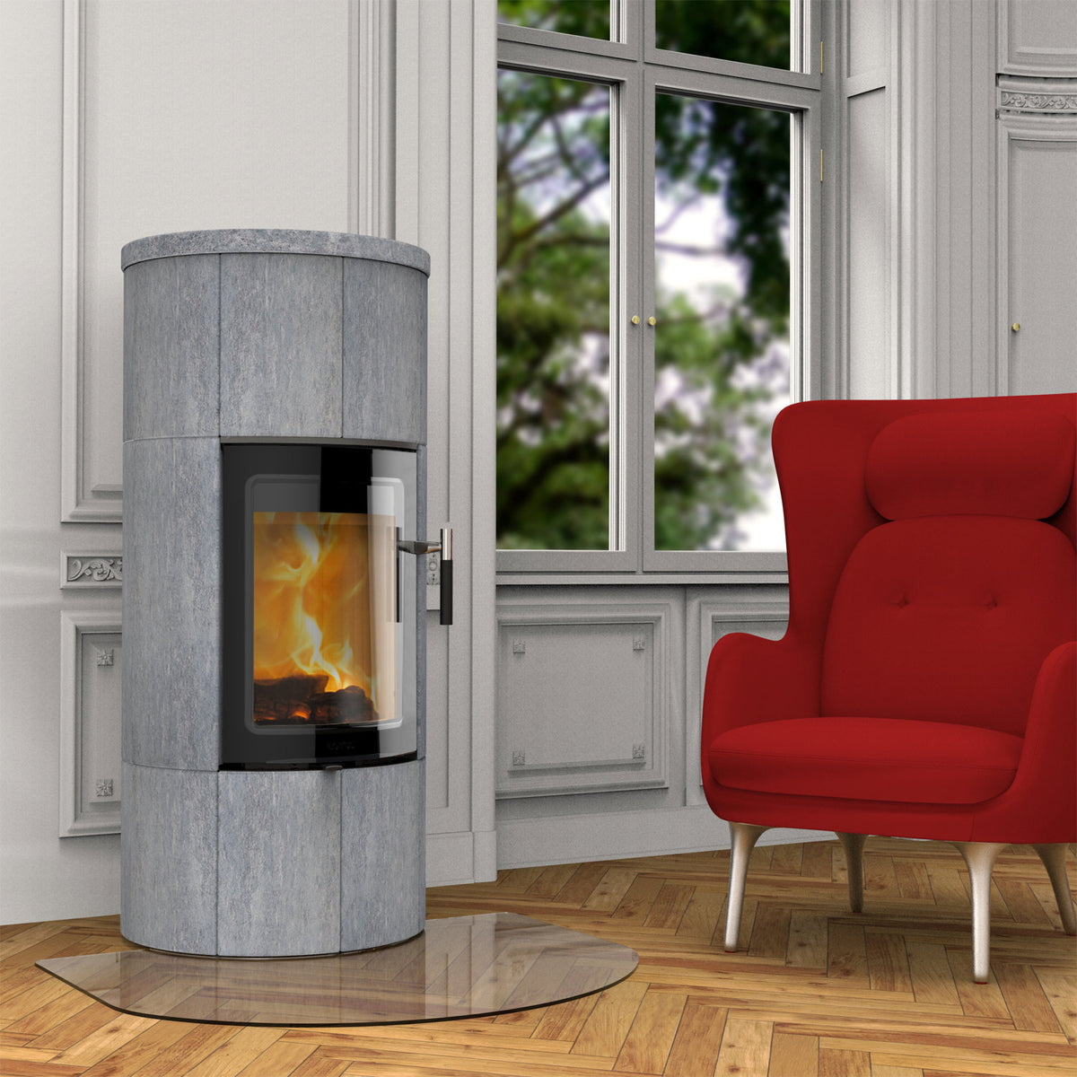 Poêle à bois Lotus Maestro 1 en stéatite – porte Magic, évacuation arrière 6 kW – image 1