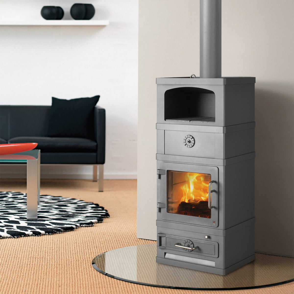 Poêle à bois Lotus 2060 gris LO-483 avec compartiment de maintien au chaud, sortie haute 8 kW