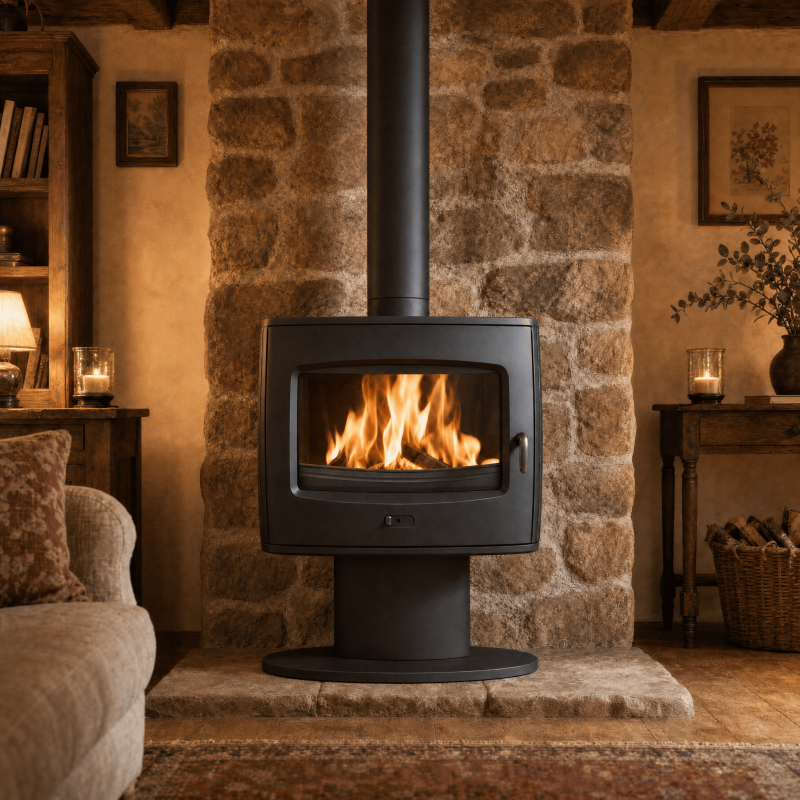 Poêle à bois Godin Eliot installé dans un intérieur