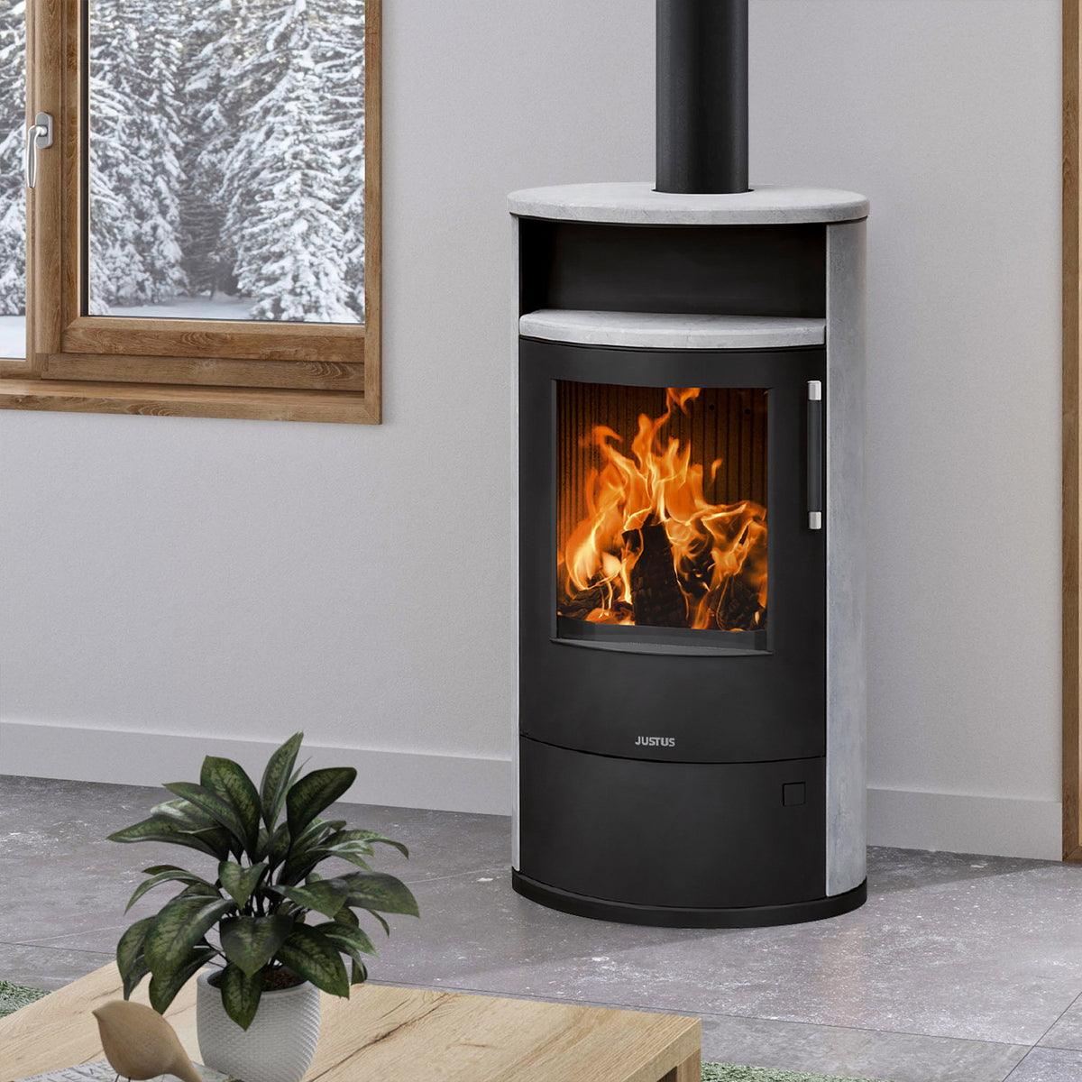 Justus Island 7 2.0 – Poêle à bois acier noir et pierre ollaire 7 kW