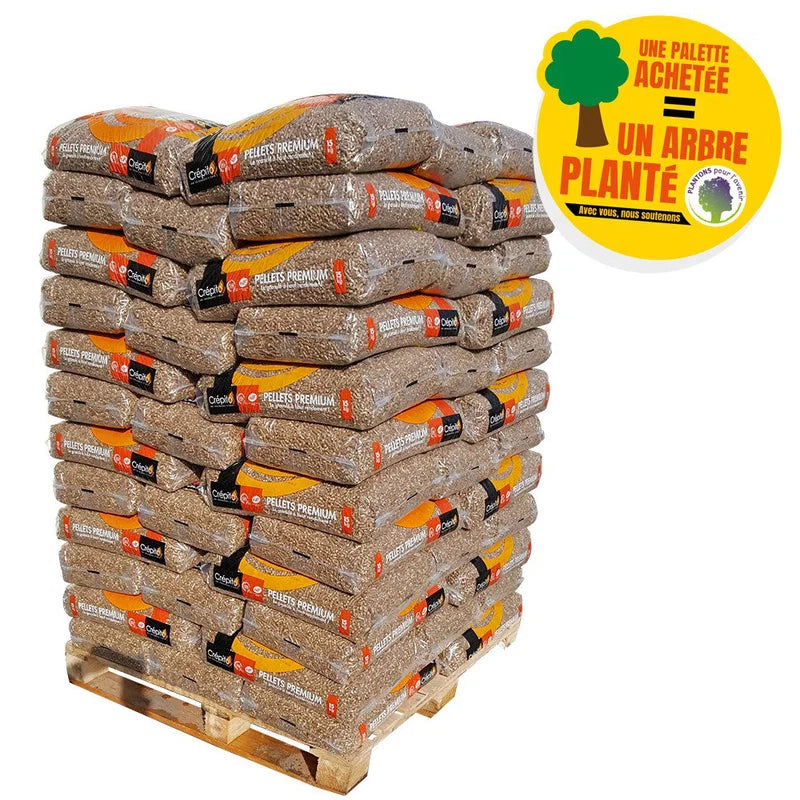 Palette mit Holzpellets Crépito Premium · 72 Säcke à 15 kg