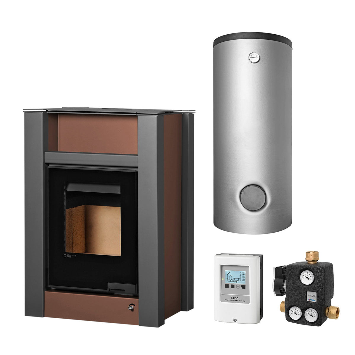Aquaflam Vario Lend 11 kW Basic Marron – Ensemble complet avec ballon tampon TPSM 500