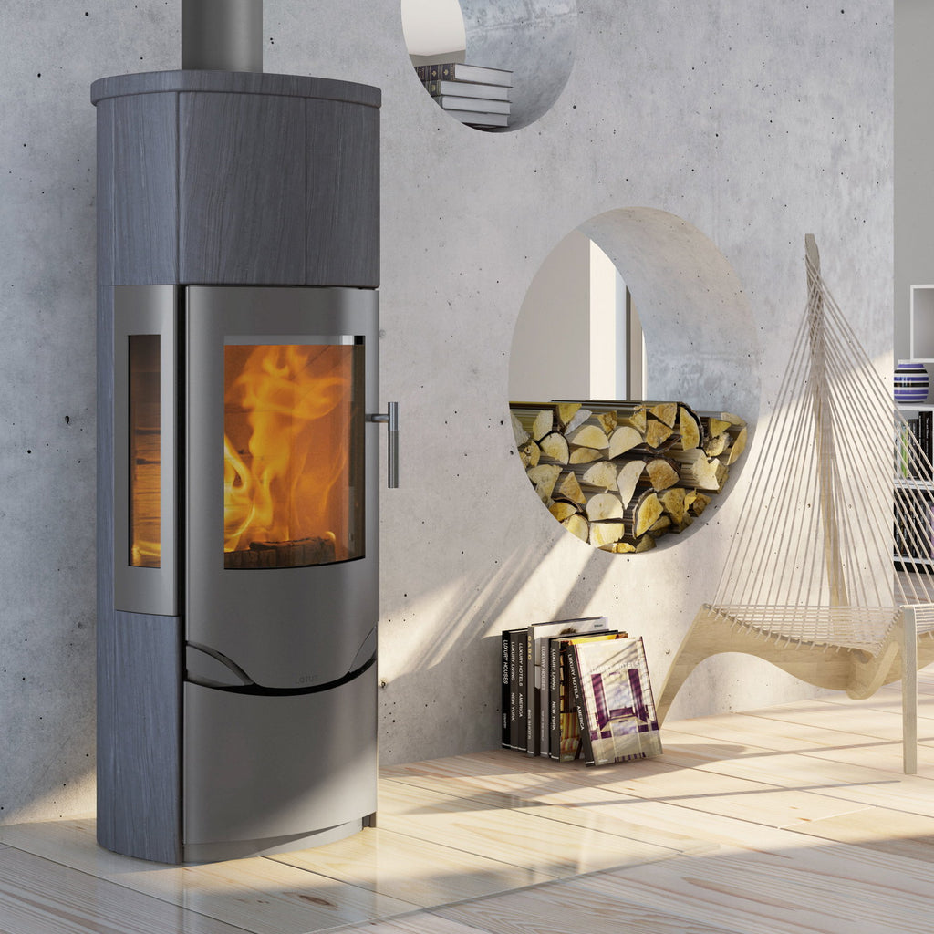 Lotus Prio M LO-338 – Poêle à bois Gris Indian Night 7 kW avec vitre latérale et pierres accumulatrices