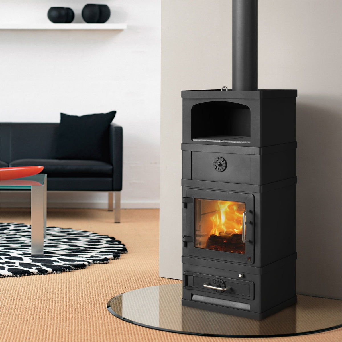 Poêle à bois Lotus 2060 noir avec compartiment de maintien au chaud, sortie haute