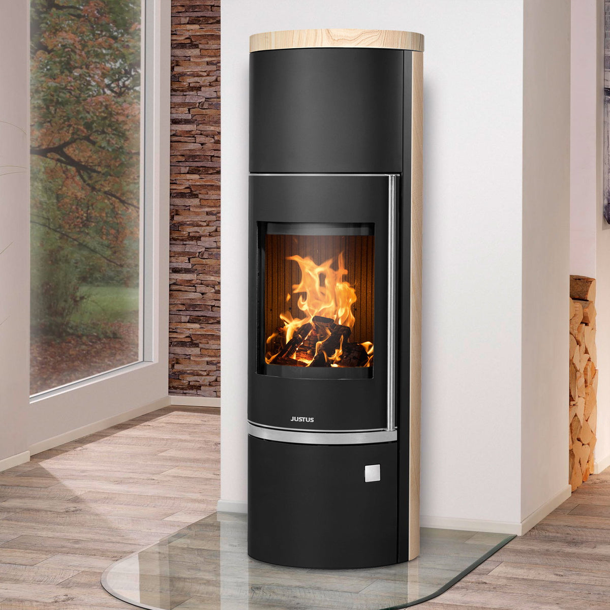 Poêle à bois Justus Faro W+ 2.0 acier noir et pierre de sable 7 kW