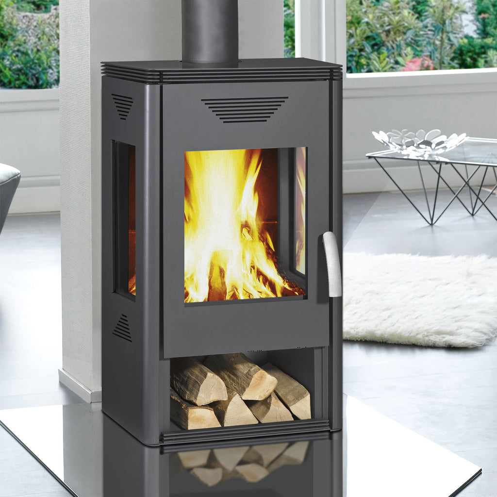 Wamsler Trion H – Poêle à bois acier gris avec rangement à bûches, 8 kW