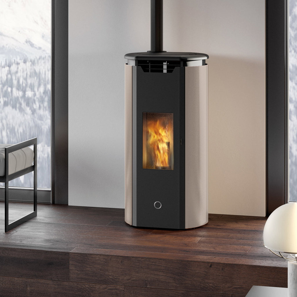Poêle à granulés Edilkamin EK63 Tweed 90+ Evo gris tourterelle sortie fumées dessus 9,2 kW