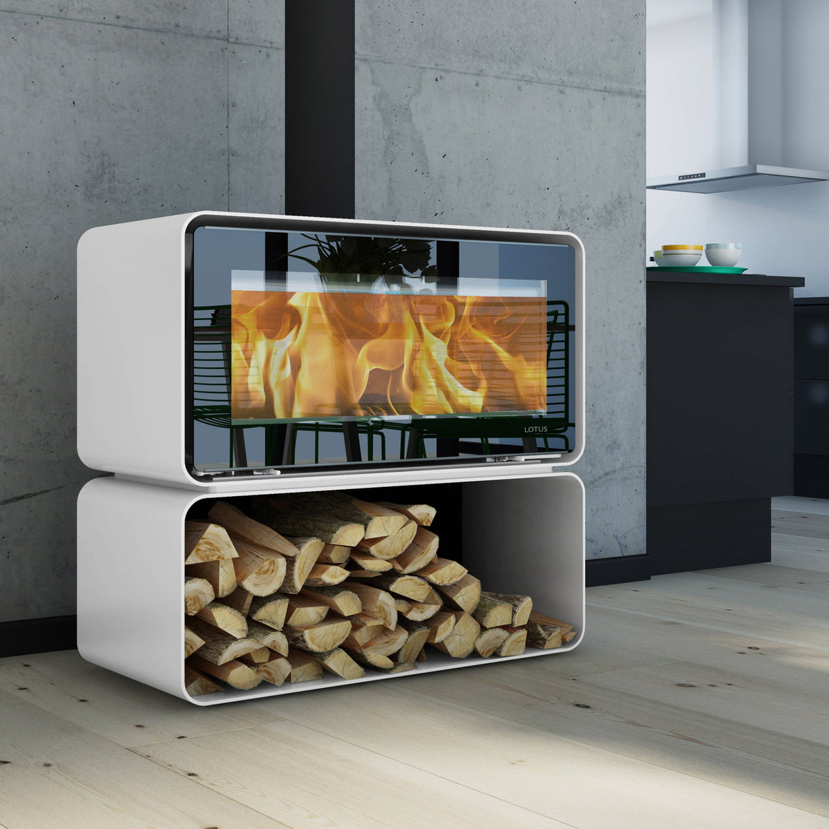 Lotus Living Cube Alpin White KS0145 – Poêle à bois 7 kW, sortie de fumée par le haut