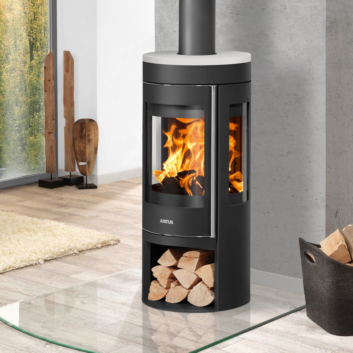 Justus Mino Trios 2.0 – Poêle à bois 6 kW, céramique blanc soie