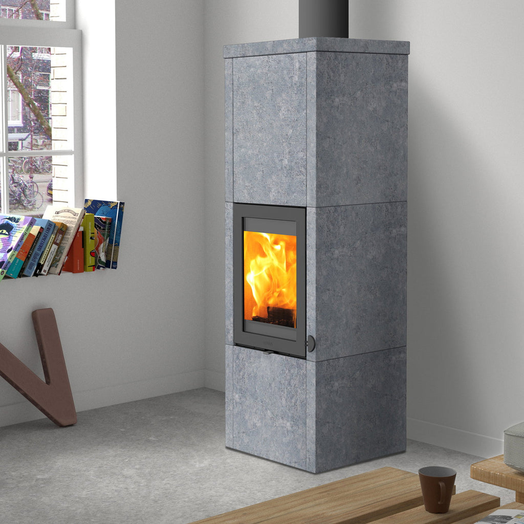 Lotus QM40 – Poêle à bois gris avec pierre ollaire PowerStones, sortie dessus