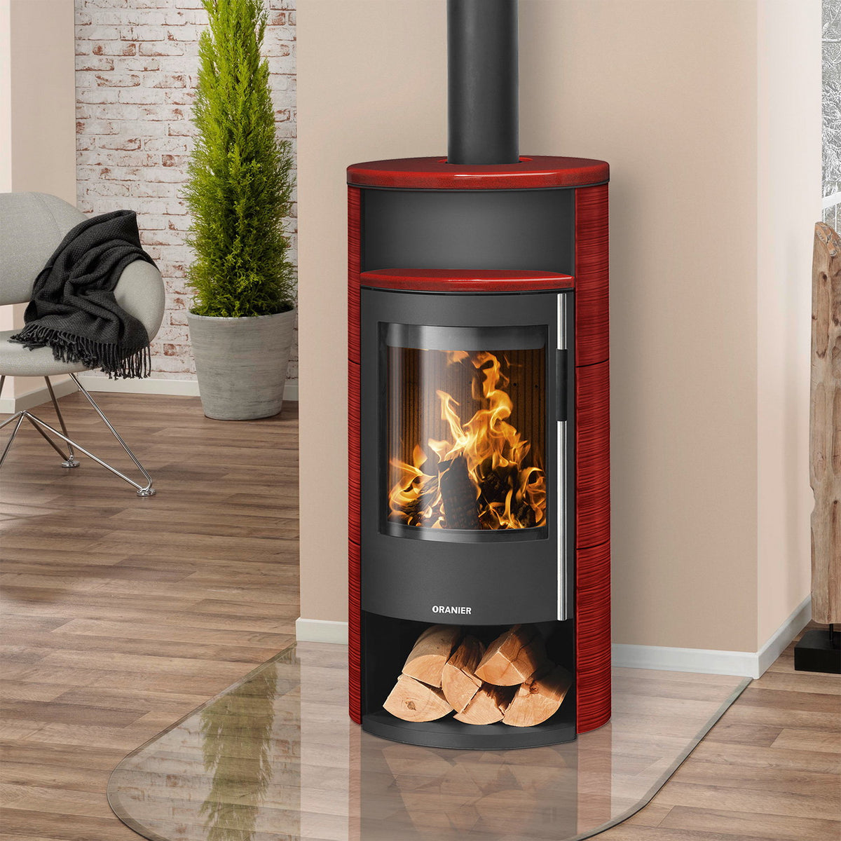 Oranier Polar Neo 6 – Poêle à bois acier noir et céramique rouge paprika 6,5 kW DIBt