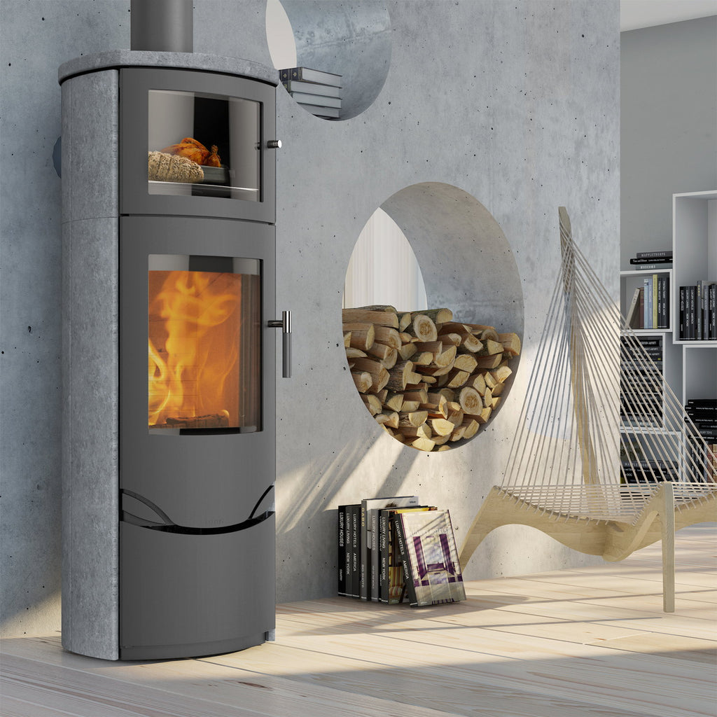 Poêle à bois Lotus Prio 7M Gris avec pierre ollaire, sortie fumées par le haut 7 kW