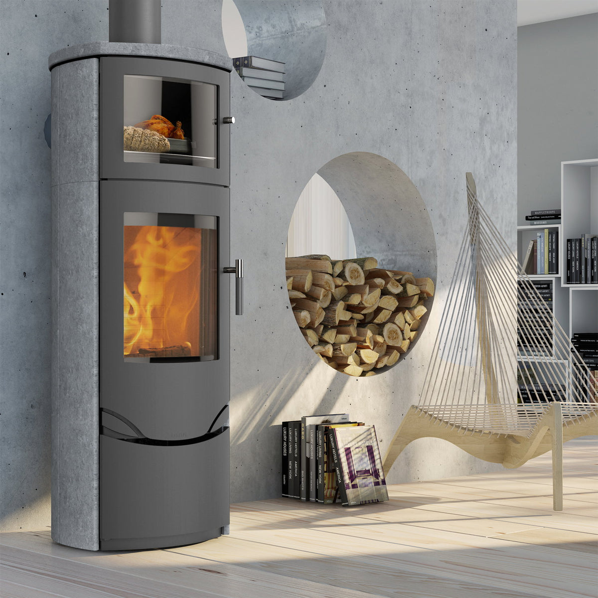 Poêle à bois Lotus Prio 7M Gris avec pierre ollaire, sortie fumées par le haut 7 kW
