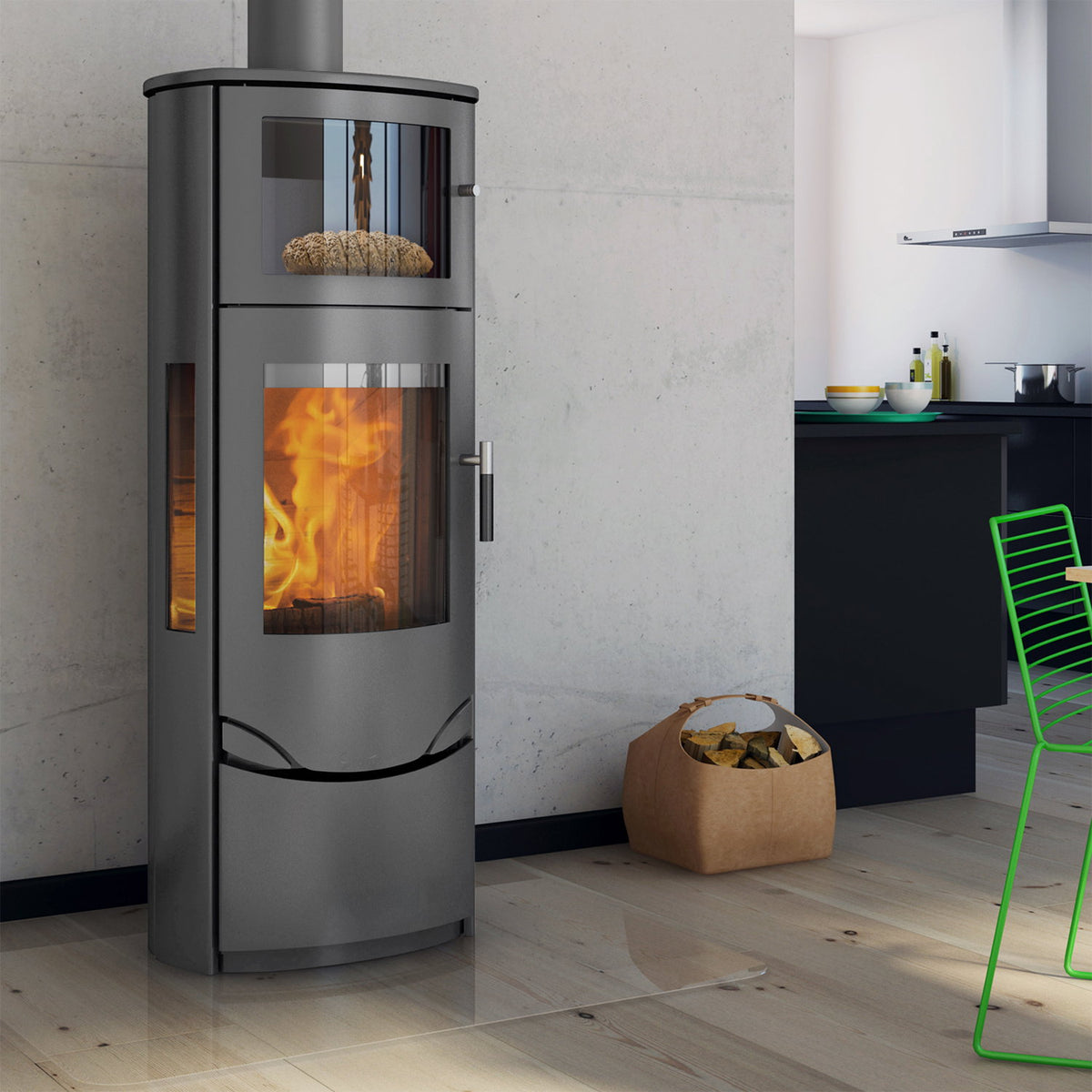 Poêle à bois Lotus Prio 7 acier gris avec four et vitre latérale 7 kW