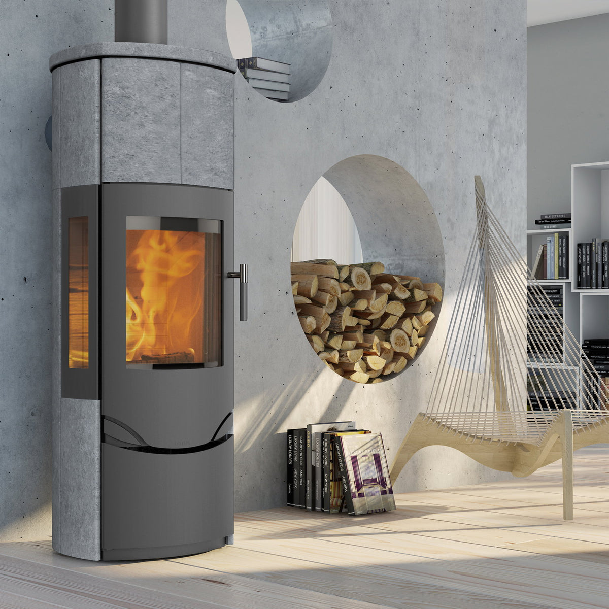 Lotus Prio M LO-333 – Poêle à bois gris avec pierre ollaire, vitre latérale et PowerStones