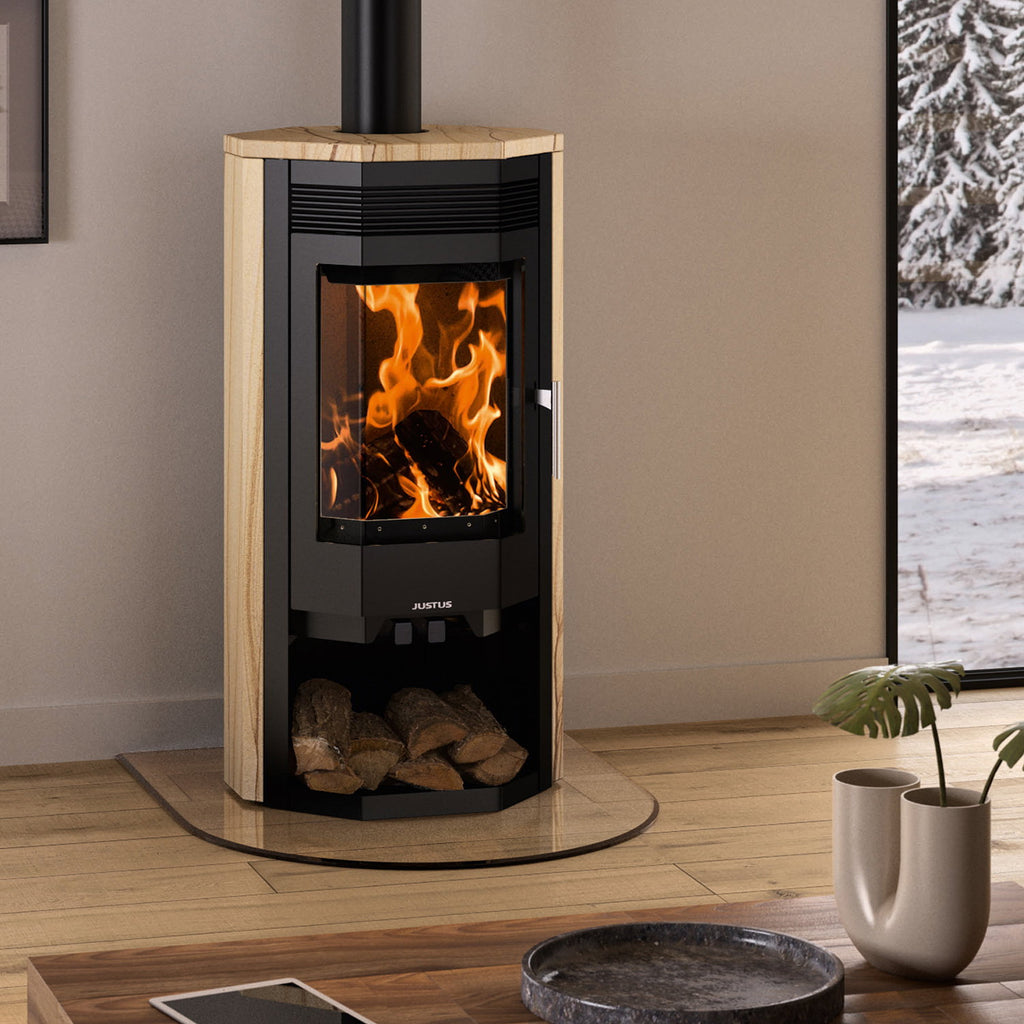Justus Usedom 7 – Poêle à bois acier noir et pierre de sable 7 kW