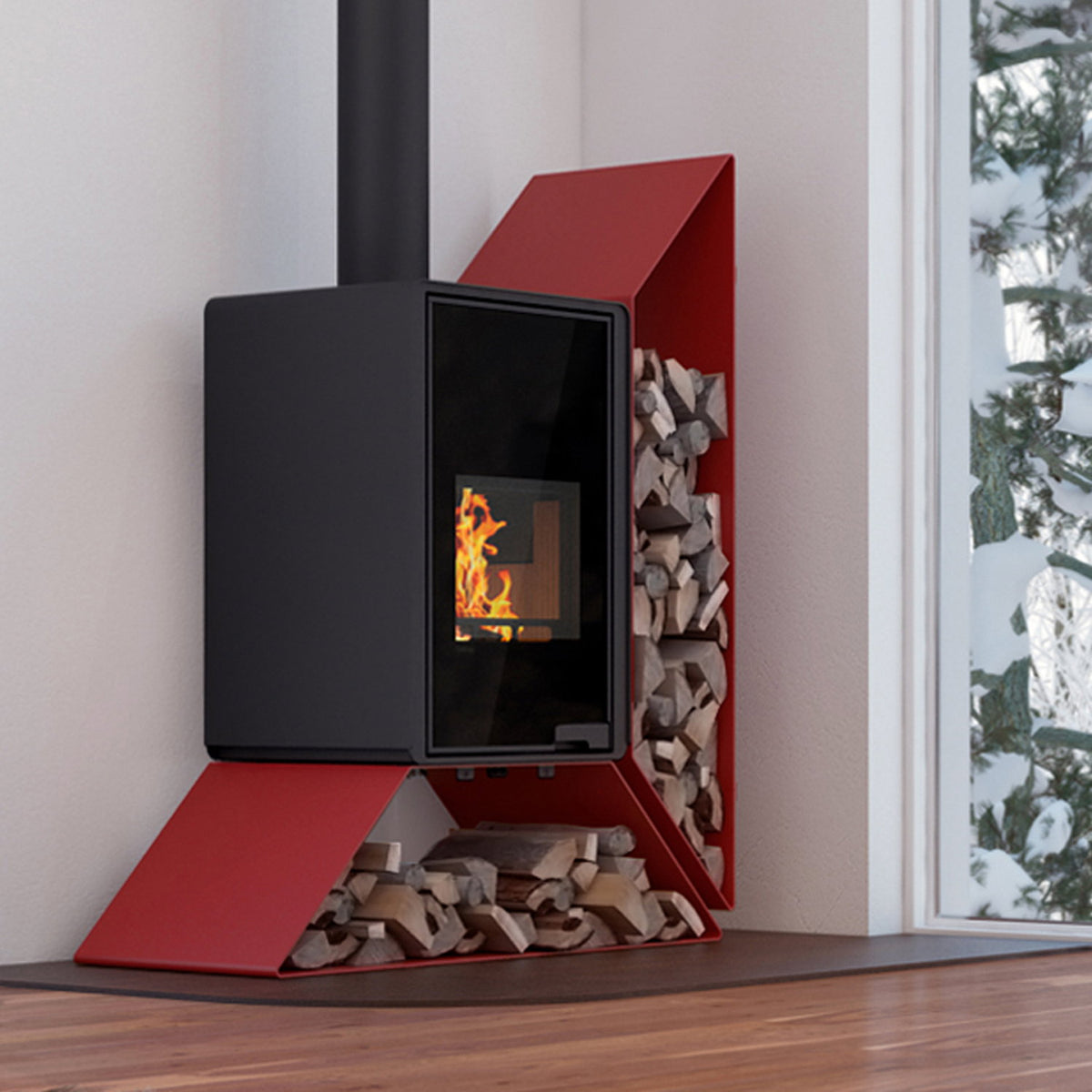Poêle à bois HS Flamingo Deluxe Kampa rouge avec étagère à droite 9 kW — image 1