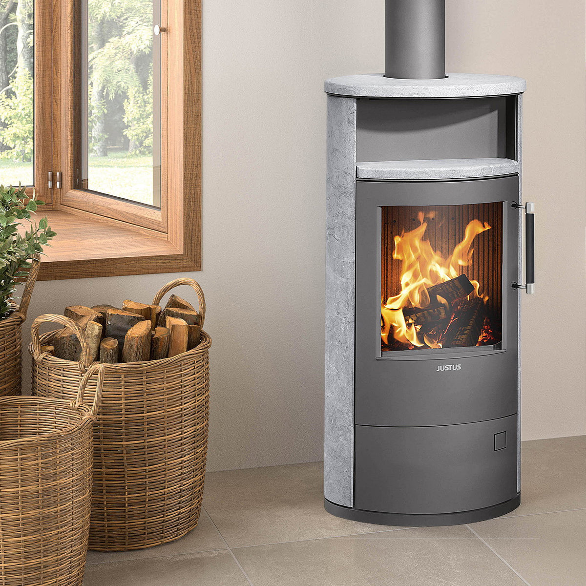 Justus Island 5 2.0 – Poêle à bois 5 kW, acier gris et pierre ollaire