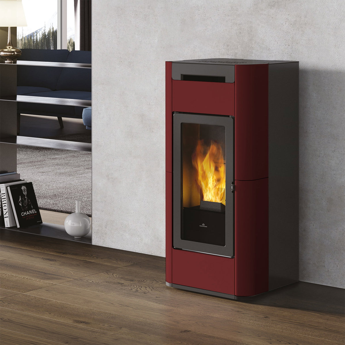 Edilkamin Tera H 25 Evo céramique bordeaux installé dans un intérieur contemporain