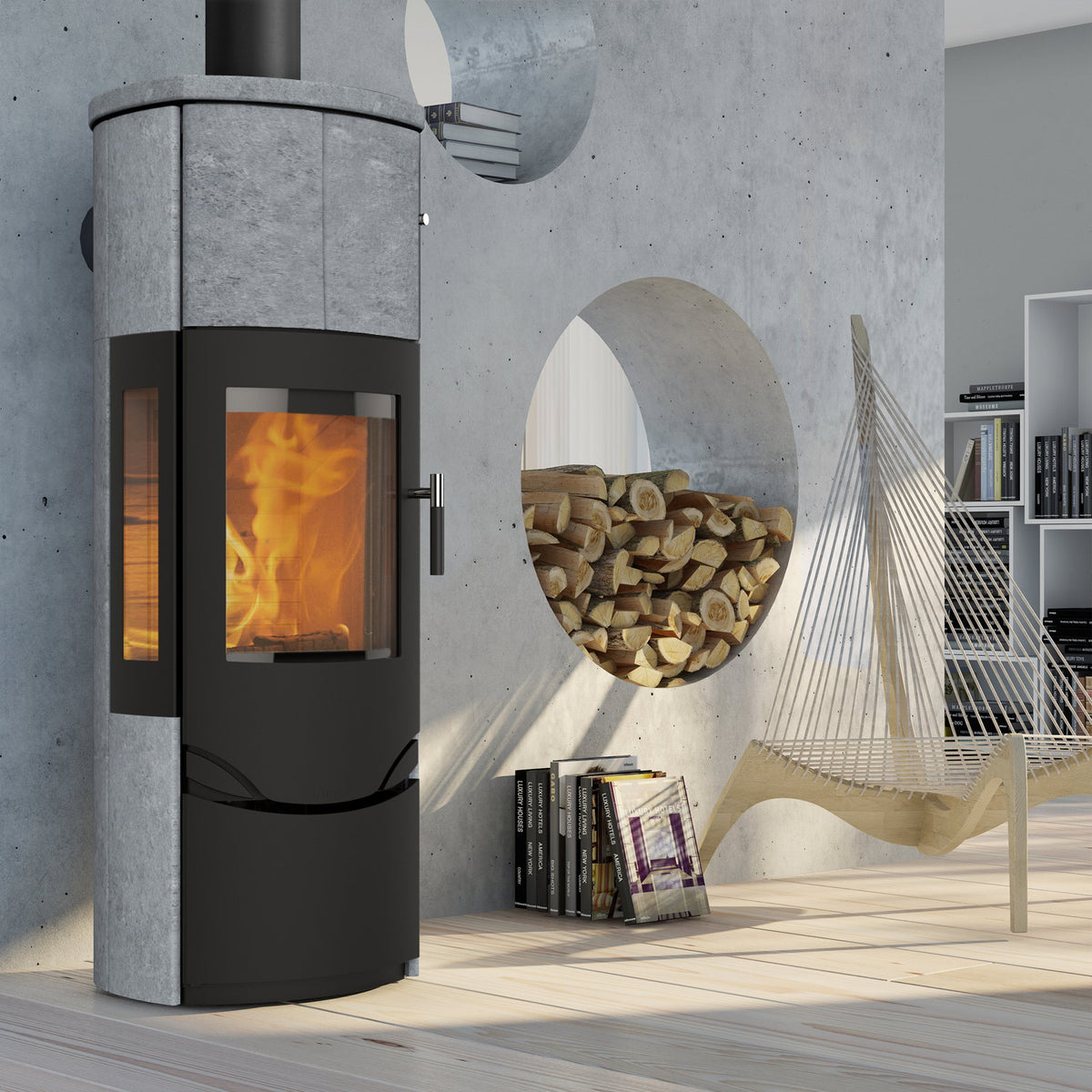 Lotus Prio M LO-332 – Poêle à bois noir avec pierre ollaire, vitre latérale et PowerStones