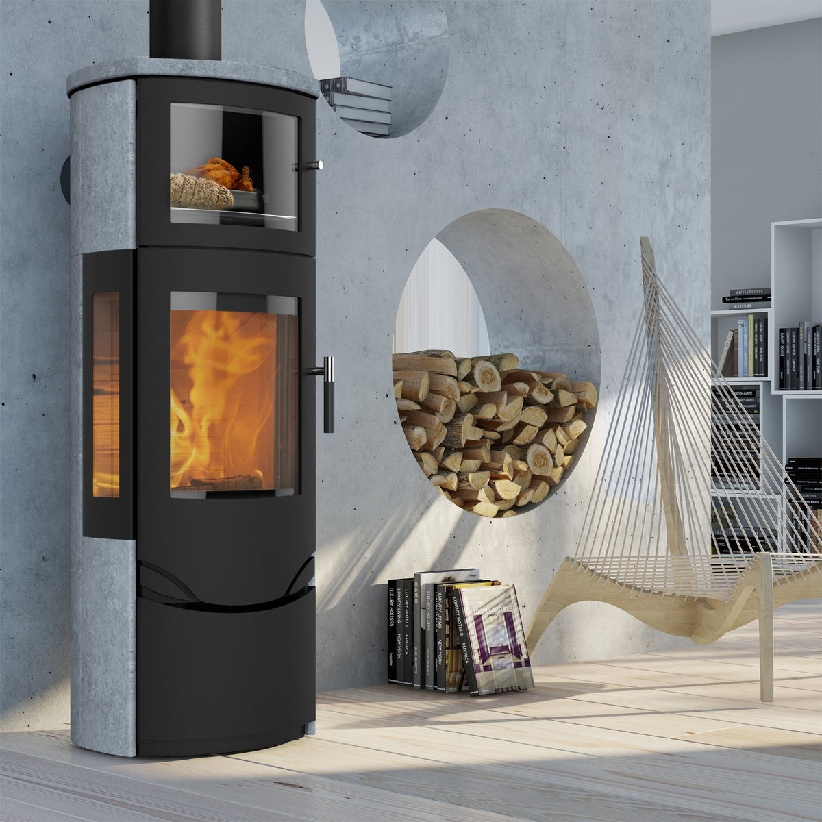 Lotus Prio 7M LO-3001 – Poêle à bois noir avec pierre ollaire et vitre latérale