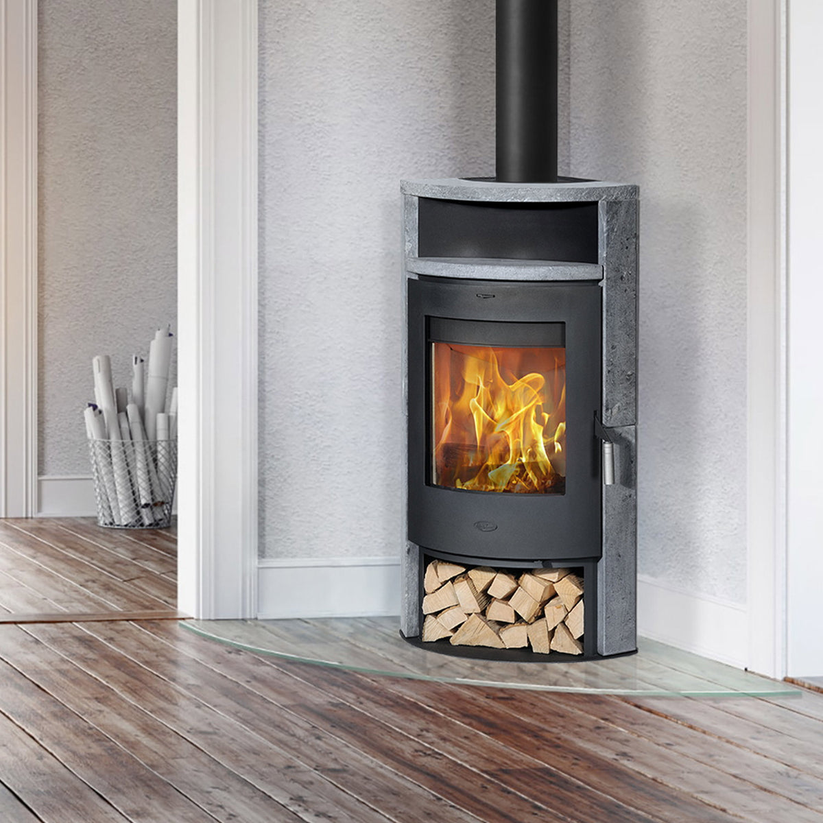 Poêle à bois d’angle Cheminée Samba acier noir et pierre ollaire 6,1 kW