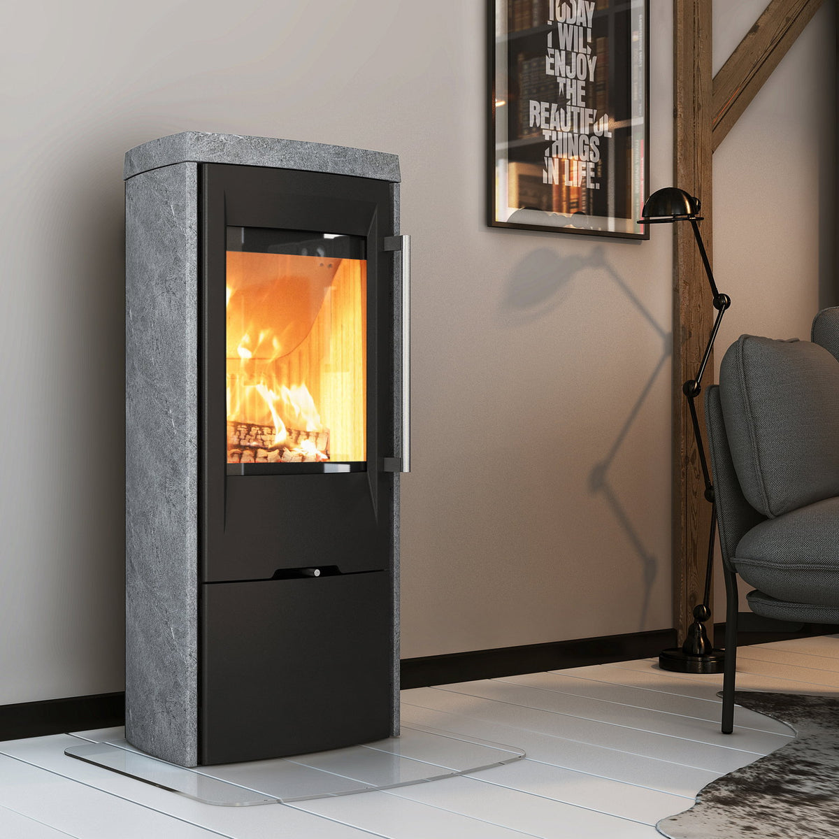 Poêle à bois TermaTech TT30S acier noir et pierre ollaire — sortie dessus ou arrière 5 kW