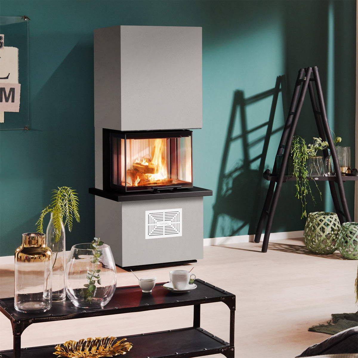 Olsberg Osorno S – Poêle à bois 5,7 kW avec plaque de cheminée, cadre en plâtre et grille blanche – image 1