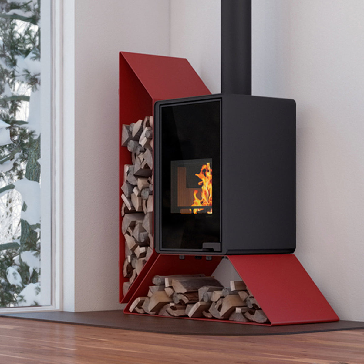 Poêle à bois HS Flamingo Deluxe Kampa rouge avec étagère à gauche 9 kW — image 1