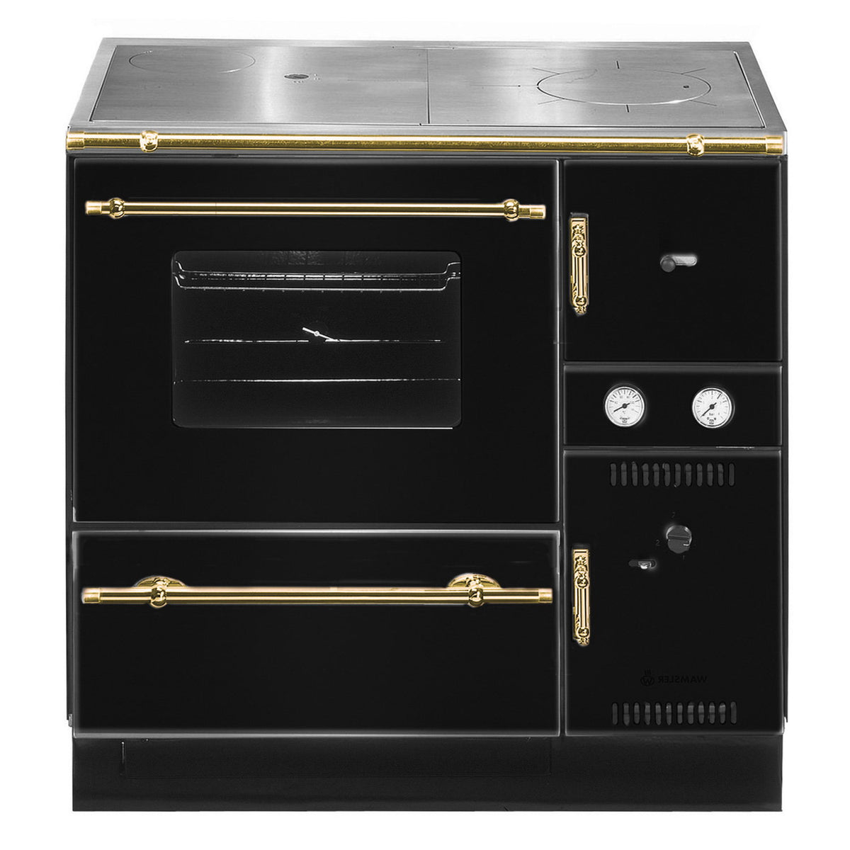 Poêle de cuisine à eau Wamsler K 148 CL noir et or, sortie fumée à gauche, 23 kW