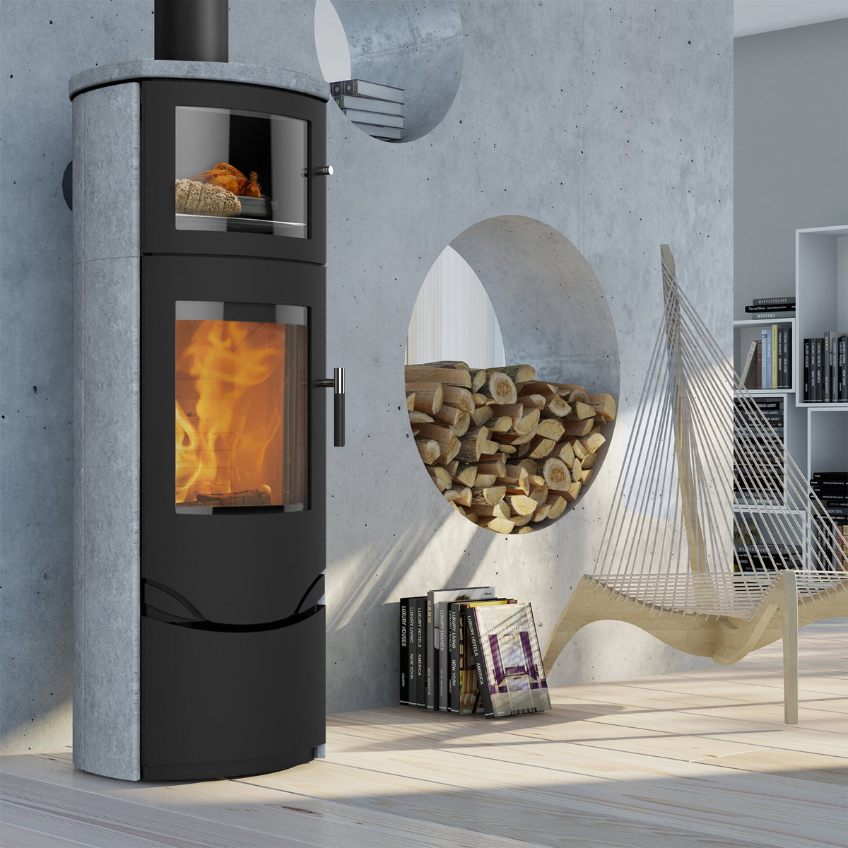 Poêle à bois Lotus Prio 7M Noir avec pierre ollaire, sortie des fumées par le haut 7 kW