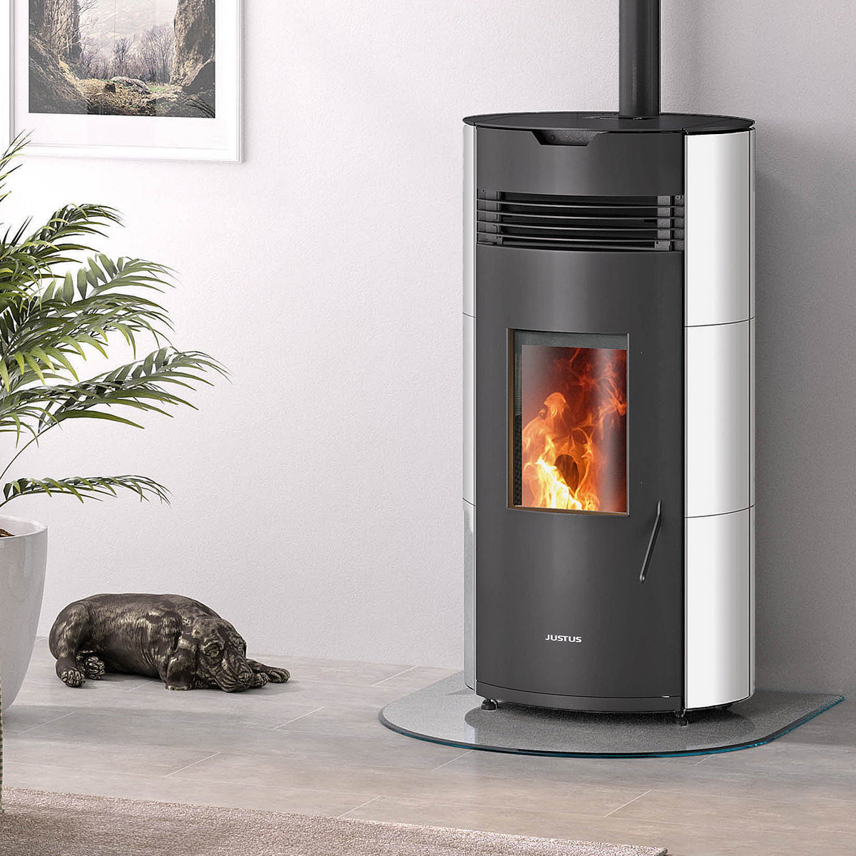 Poêle à granulés Justus Norta acier noir et blanc soie 8 kW