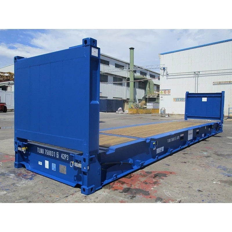 Conteneur Flat Rack 40 pieds en acier CORTEN – Transport de charges lourdes – Bleu – Réf. BG3542