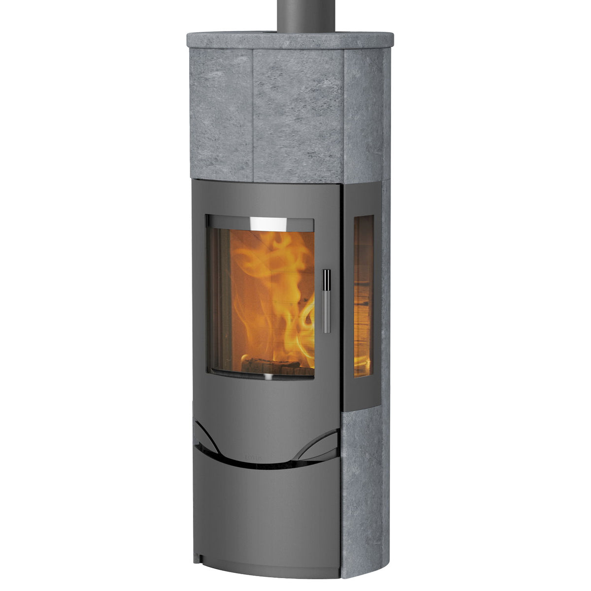 Lotus Prio M LO-333 – Poêle à bois gris avec pierre ollaire, vitre latérale et PowerStones