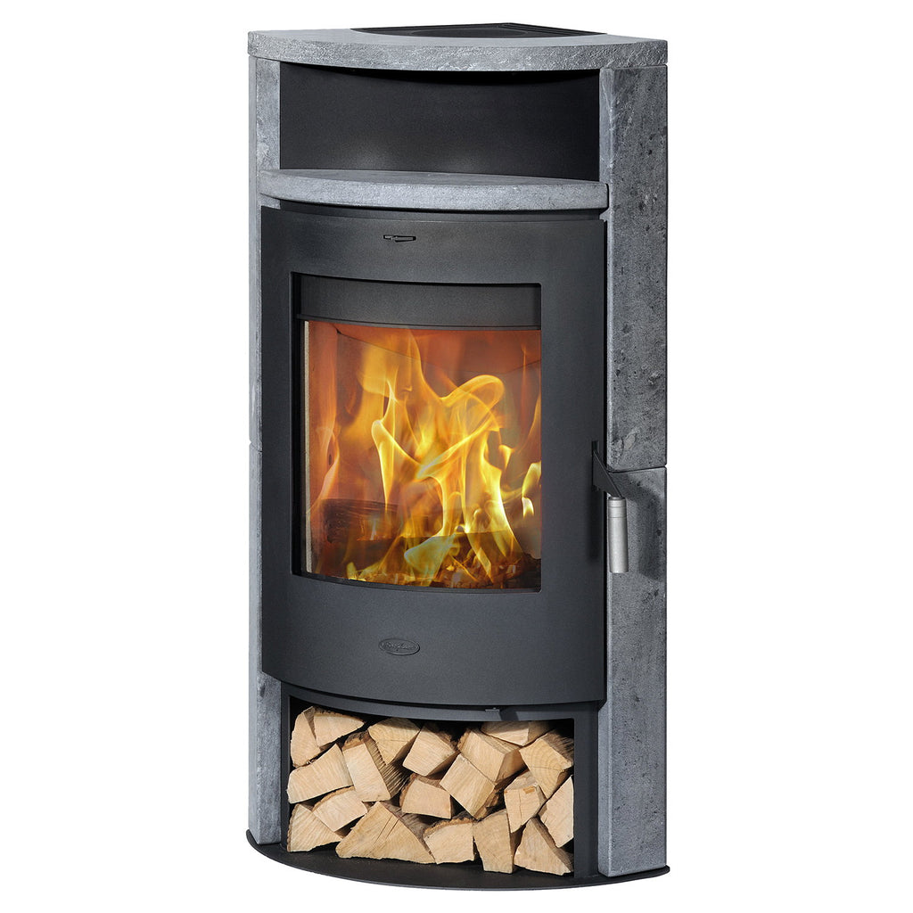 Poêle à bois d’angle Cheminée Samba acier noir et pierre ollaire 6,1 kW