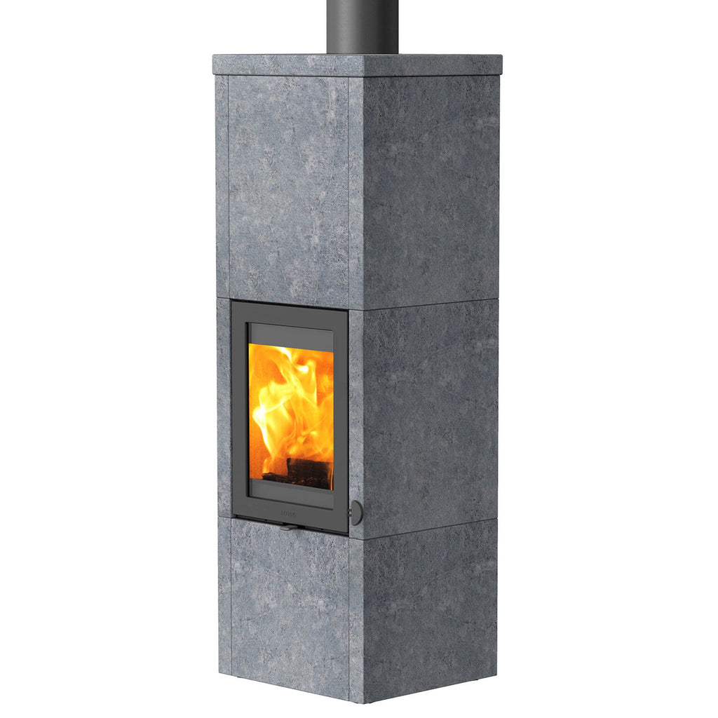 Lotus QM40 – Poêle à bois gris avec pierre ollaire PowerStones, sortie dessus