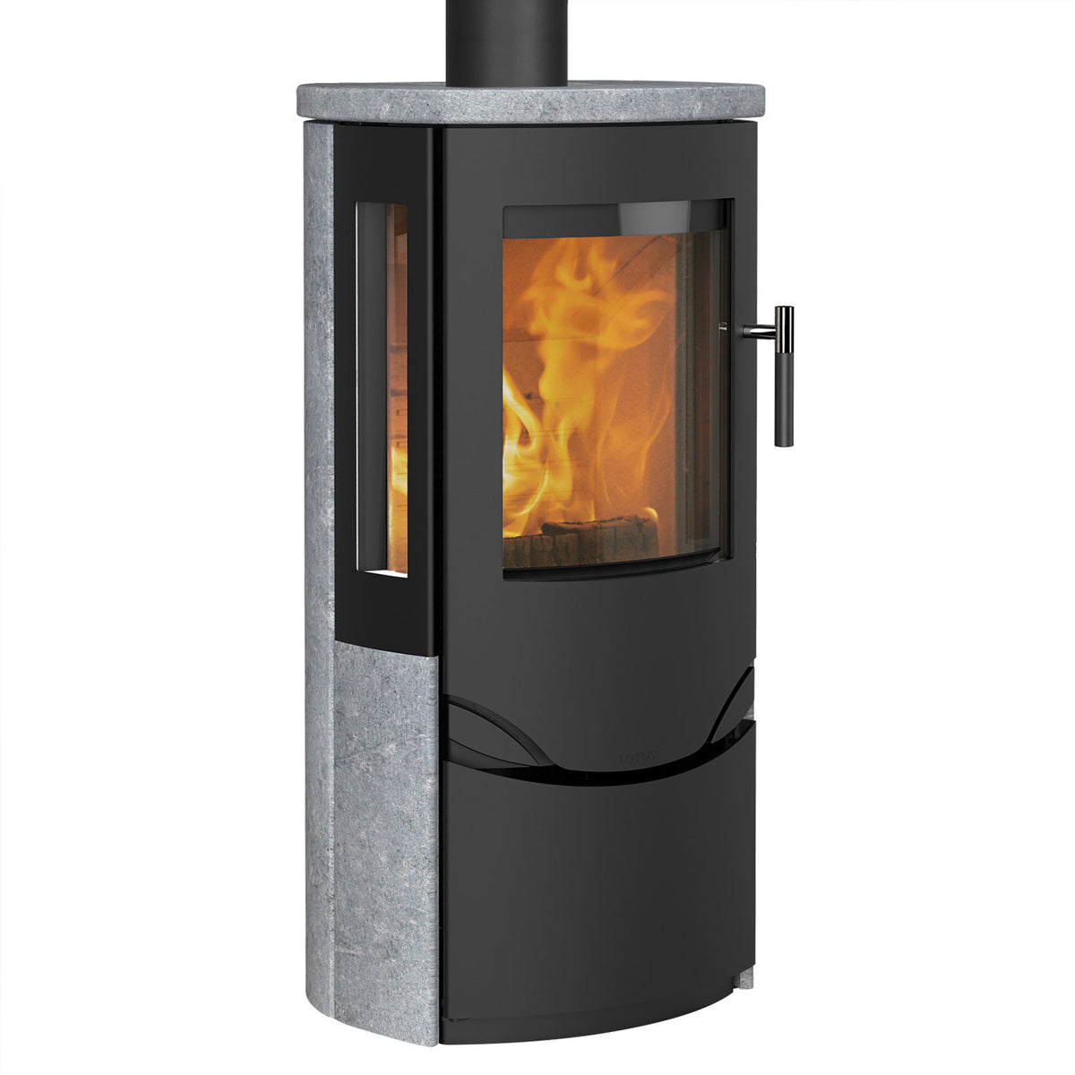 Poêle à bois Lotus Prio 6 noir avec pierre ollaire et vitre latérale 7 kW