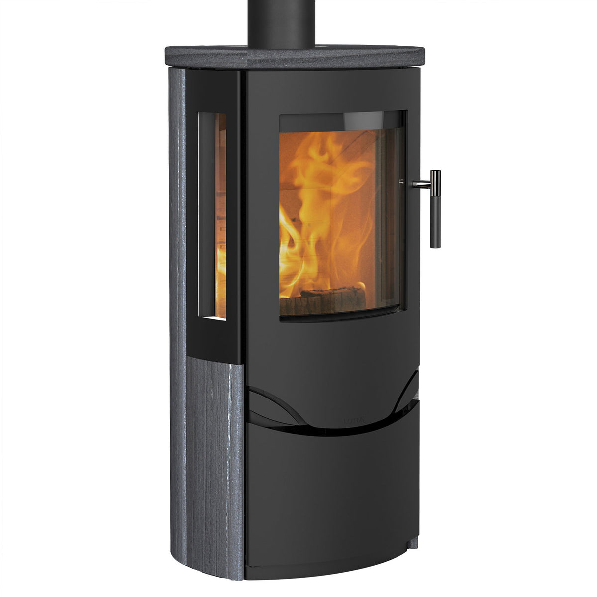 Poêle à bois Lotus Prio 6 noir Indian Night avec vitre latérale 7 kW