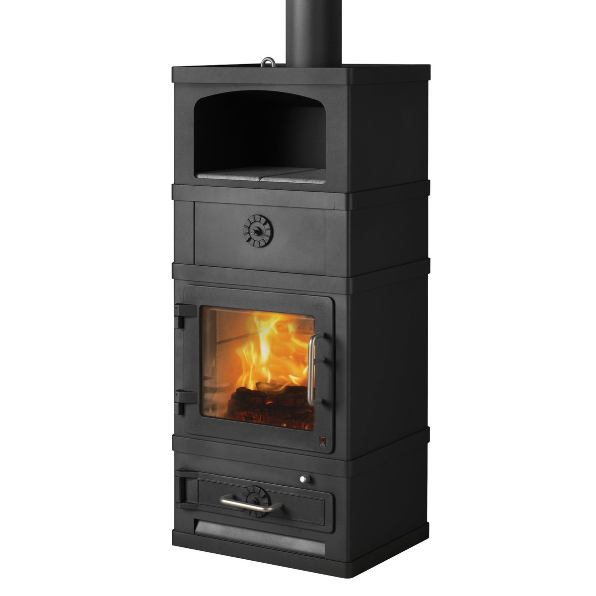 Poêle à bois Lotus 2060 noir avec compartiment de maintien au chaud, sortie haute
