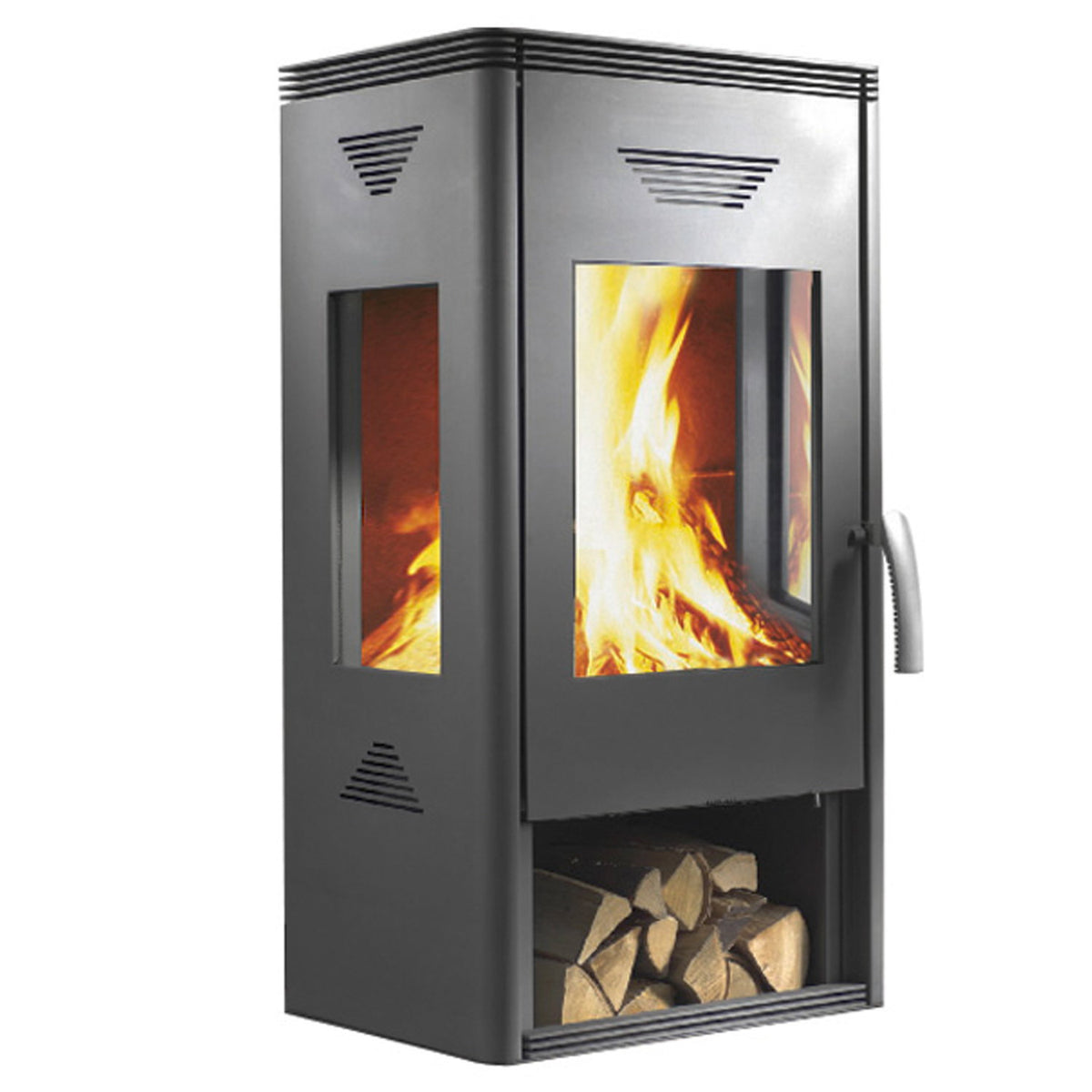 Wamsler Trion H – Poêle à bois acier gris avec rangement à bûches, 8 kW