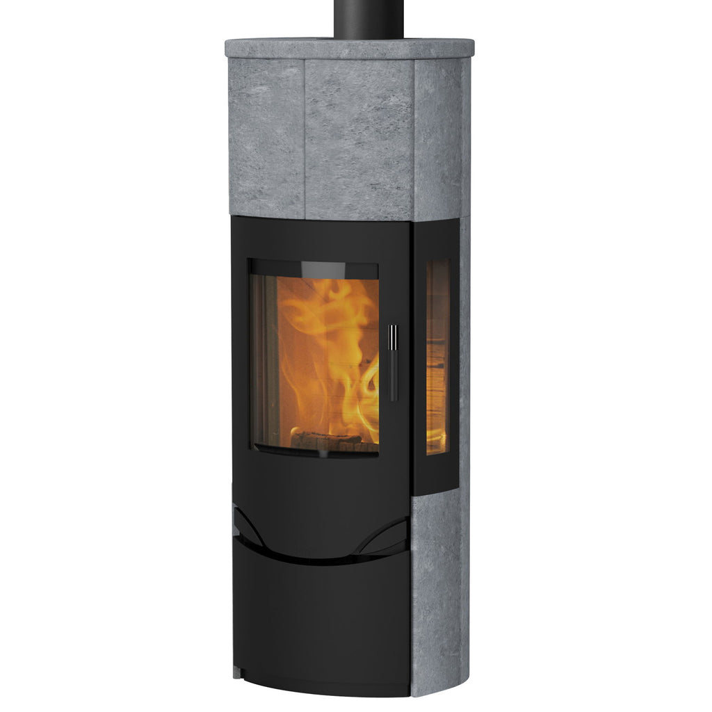 Lotus Prio M LO-332 – Poêle à bois noir avec pierre ollaire, vitre latérale et PowerStones
