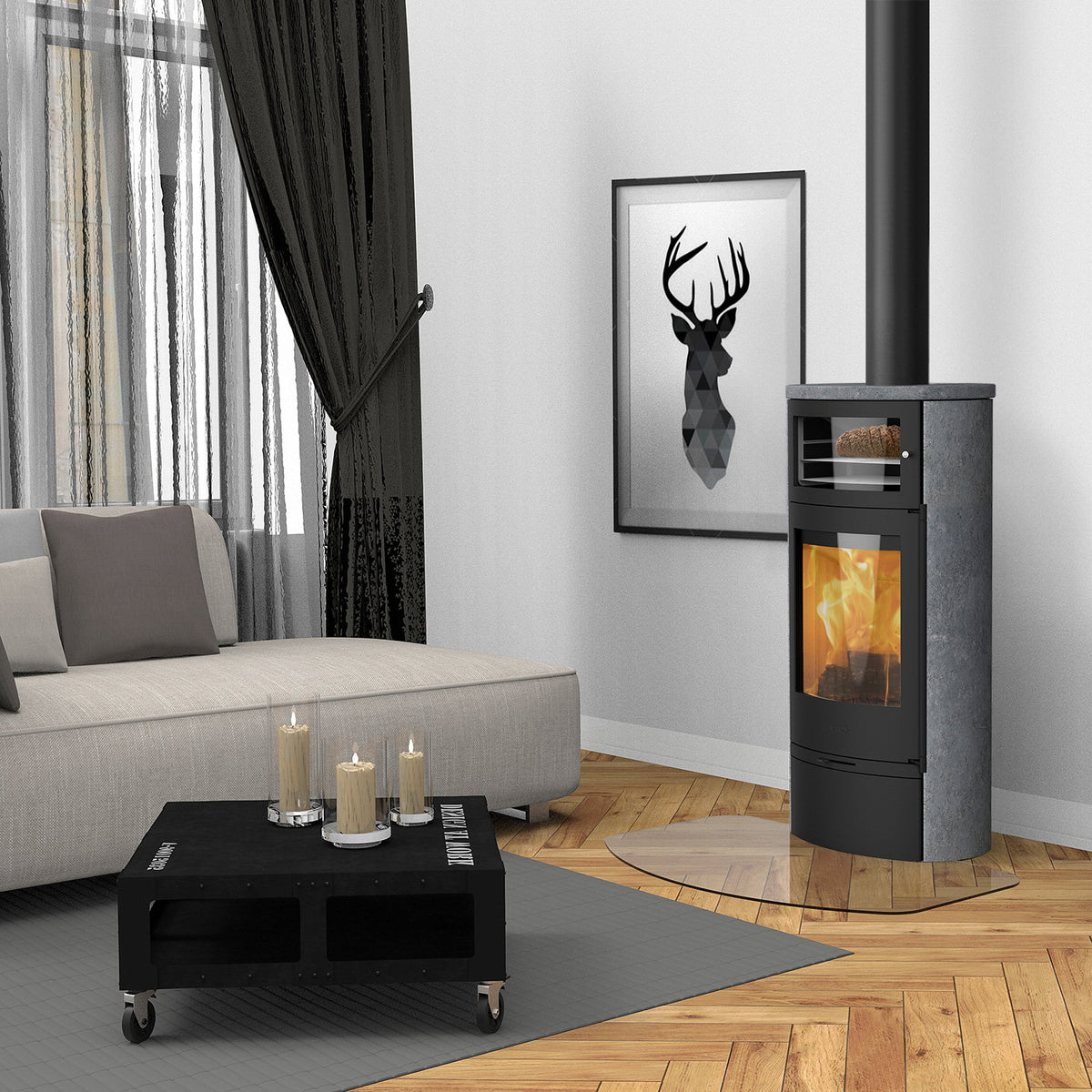 Lotus Jubilee 35S – Poêle à bois noir avec pierre ollaire et compartiment de maintien au chaud, 7 kW